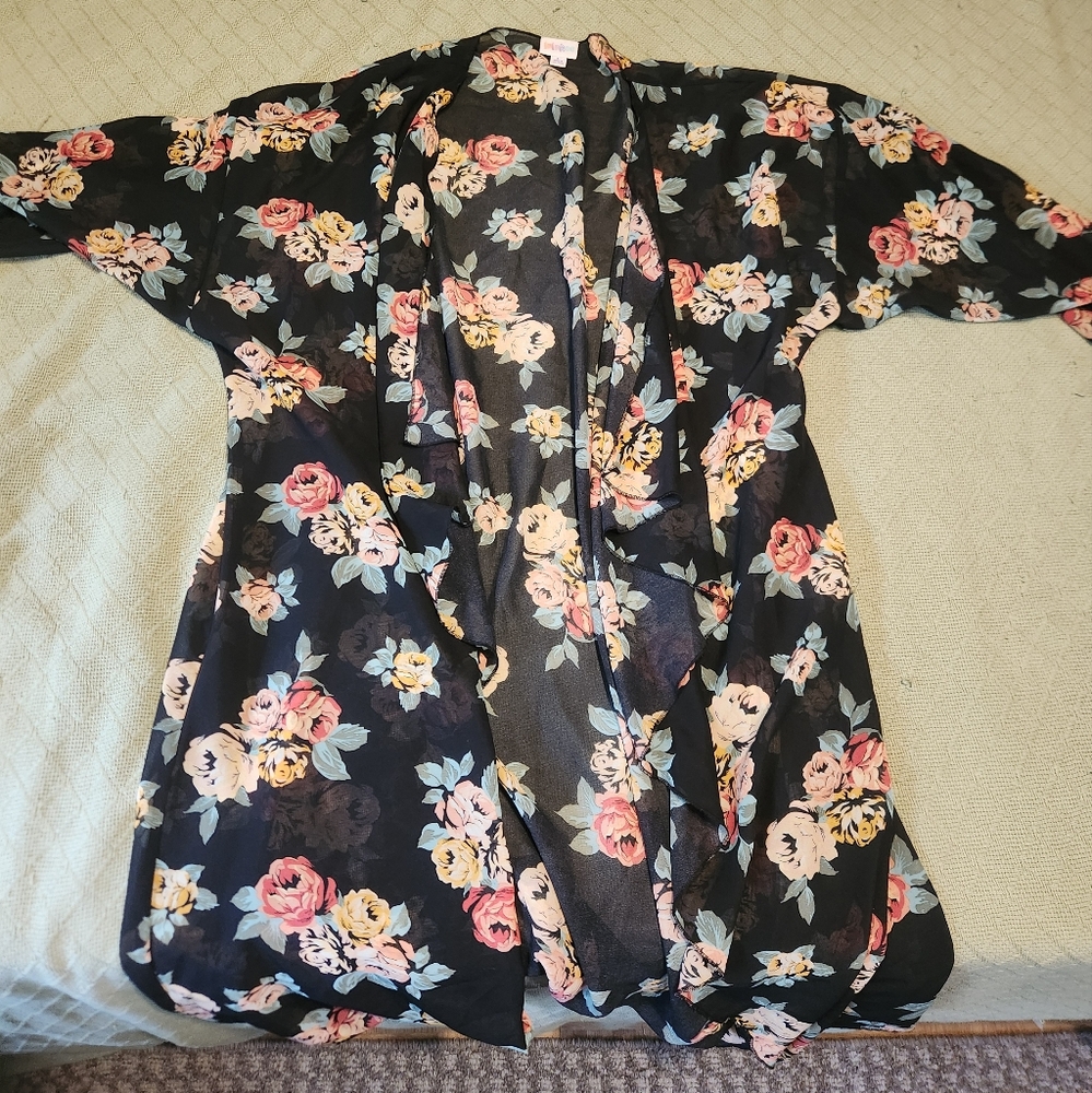 LuLaRoe Black Kimono with Pink and Yellow Floral Pattern
